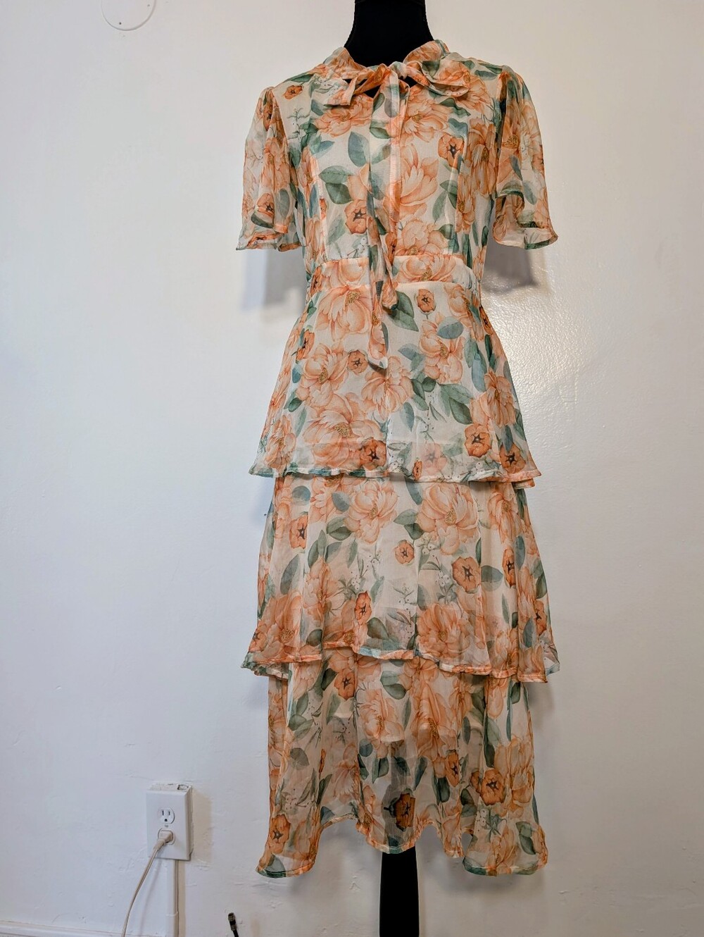 Floral Tiered Midi Dress with Butterfly Sleeves And Tie Neck - Peach Green